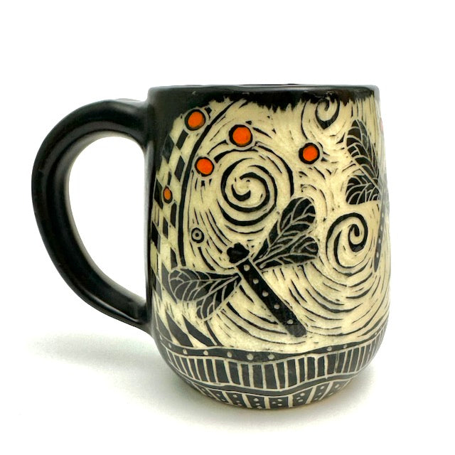 Mug #16 - Woodcut Rabbit with Dragonflies and Orange Dots