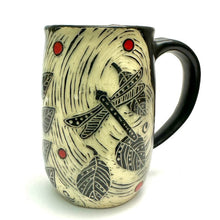 Load image into Gallery viewer, Mug #19 - Dragonfly Duet with Red Dots, Swirling Leaves, and Black Matte Glaze
