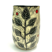 Load image into Gallery viewer, Mug #19 - Dragonfly Duet with Red Dots, Swirling Leaves, and Black Matte Glaze
