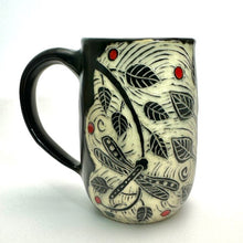 Load image into Gallery viewer, Mug #19 - Dragonfly Duet with Red Dots, Swirling Leaves, and Black Matte Glaze
