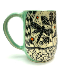 Load image into Gallery viewer, Mug #20 - Frog and Dragonfly with Orange Dots and Celadon Green
