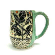 Load image into Gallery viewer, Mug #20 - Frog and Dragonfly with Orange Dots and Celadon Green
