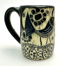 Load image into Gallery viewer, Mug #21 - Graphic Garden Party - Bird and Flowers with Black Matte Glaze
