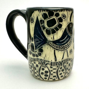 Mug #21 - Graphic Garden Party - Bird and Flowers with Black Matte Glaze