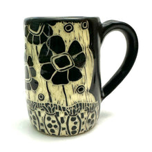 Load image into Gallery viewer, Mug #21 - Graphic Garden Party - Bird and Flowers with Black Matte Glaze
