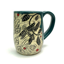 Load image into Gallery viewer, Mug #22 - Dancing Dragonfly Duet with Red Dots and Teal Blue Glaze
