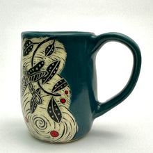 Load image into Gallery viewer, Mug #22 - Dancing Dragonfly Duet with Red Dots and Teal Blue Glaze
