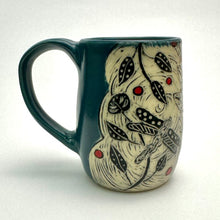 Load image into Gallery viewer, Mug #22 - Dancing Dragonfly Duet with Red Dots and Teal Blue Glaze
