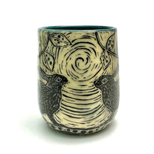 Load image into Gallery viewer, Mug #23 - Woodcut Rabbits with Teal Blue Glaze
