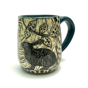 Mug #23 - Woodcut Rabbits with Teal Blue Glaze