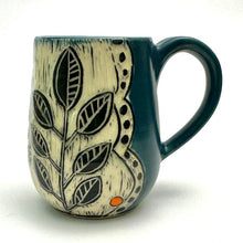 Load image into Gallery viewer, Mug #24 - Woodcut Bird in Graphic Garden with Orange Dots and Teal Glaze
