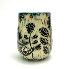 Load image into Gallery viewer, Mug #24 - Woodcut Bird in Graphic Garden with Orange Dots and Teal Glaze
