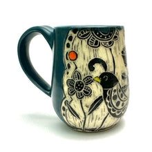 Load image into Gallery viewer, Mug #24 - Woodcut Bird in Graphic Garden with Orange Dots and Teal Glaze
