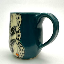 Load image into Gallery viewer, Mug #24 - Woodcut Bird in Graphic Garden with Orange Dots and Teal Glaze
