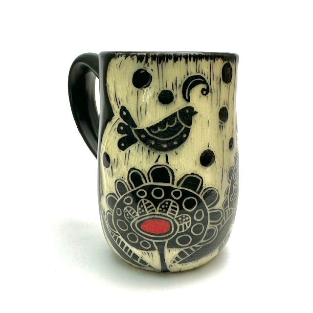 Mug #29 - Bird Duet and Graphic Flowers with Red Centers