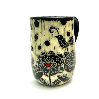 Mug #29 - Bird Duet and Graphic Flowers with Red Centers