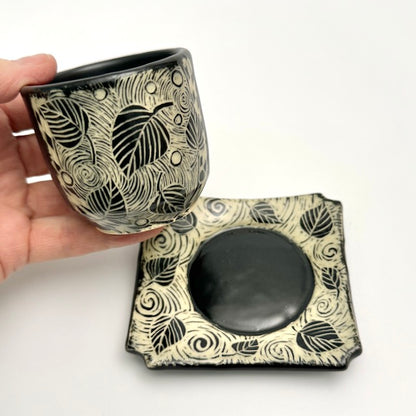 SET - Espresso/Sake Cup and Saucer - #01 - Swirling Leaves (A)