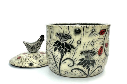 Canister - Quail Top with Thistles and Red/Black Etching