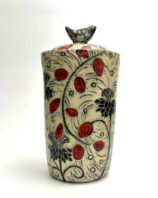 Canister - Tall, with Red/Black Etching and Bird Knob