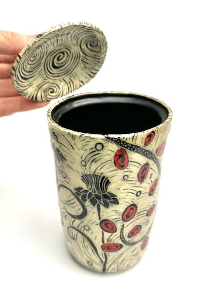 Canister - Tall, with Red/Black Etching and Bird Knob