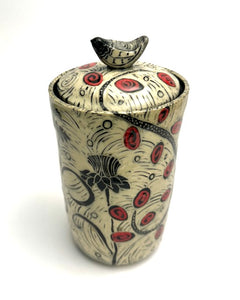 Canister - Tall, with Red/Black Etching and Bird Knob