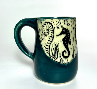 Mug #30 - Seahorses and Teal Blue Glaze