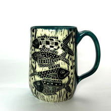 Load image into Gallery viewer, Mug #32 - Four Fish and Blue Teal Glaze
