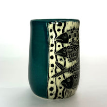 Load image into Gallery viewer, Mug #32 - Four Fish and Blue Teal Glaze
