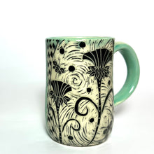 Load image into Gallery viewer, Mug #31 - Thistle Duet with Bees and Celadon Glaze
