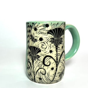 Mug #31 - Thistle Duet with Bees and Celadon Glaze