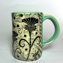 Load image into Gallery viewer, Mug #31 - Thistle Duet with Bees and Celadon Glaze
