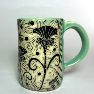 Mug #31 - Thistle Duet with Bees and Celadon Glaze