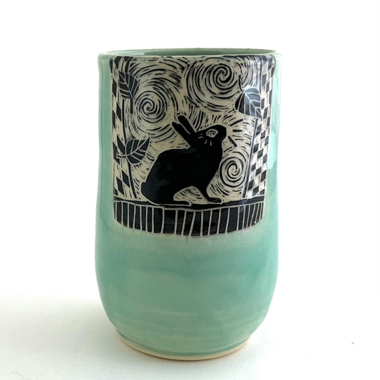 12 - Tumbler- #1- Rabbit with Leaves - Celadon Glaze