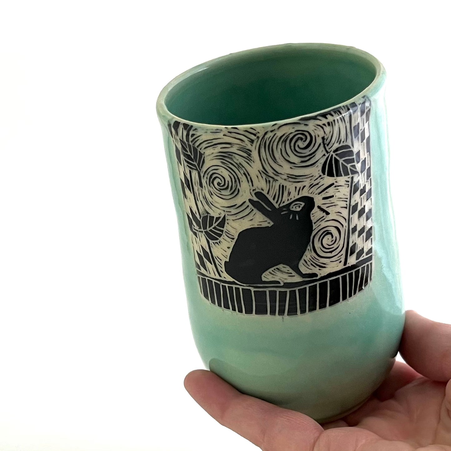 12 - Tumbler- #1- Rabbit with Leaves - Celadon Glaze