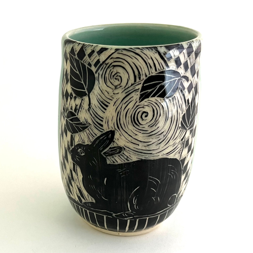 Tumbler- #9 - Woodcut Rabbit with Swirling Leaves