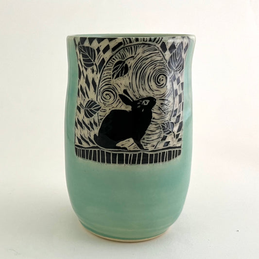 13- Tumbler- #2- Rabbit with Leaves - Celadon Glaze