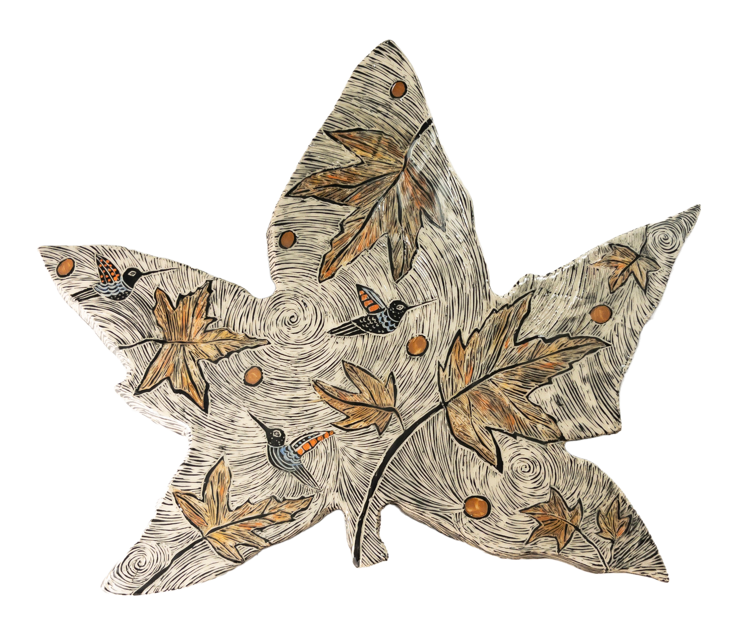 #489- Swirling Leaves with Three Hummers - Wall Hanging