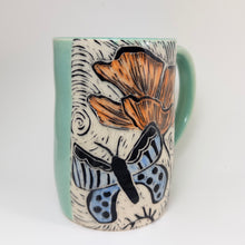 Load image into Gallery viewer, Mug #76 - Butterfly and Poppy - Celadon Glaze
