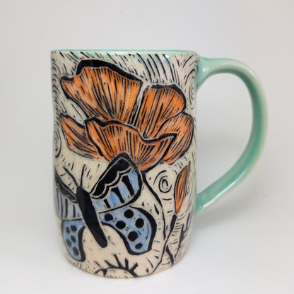 Mug #76 - Butterfly and Poppy - Celadon Glaze