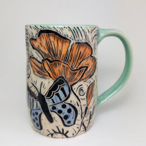 Mug #76 - Butterfly and Poppy - Celadon Glaze