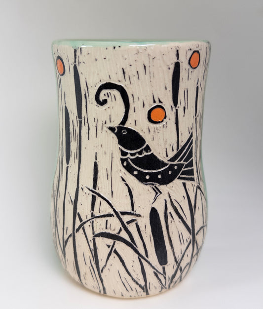 Tumbler #4 - Bird in the Reeds - Celadon Glaze