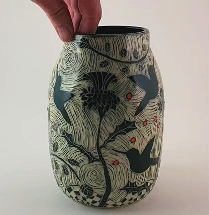 Vase - Hummingbird and Thistles with Orange Dots