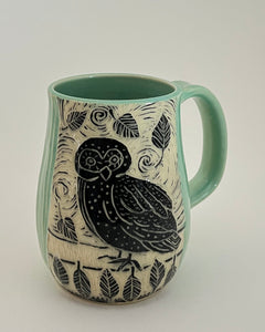 #27- Woodcut Owl Mug - with Celadon