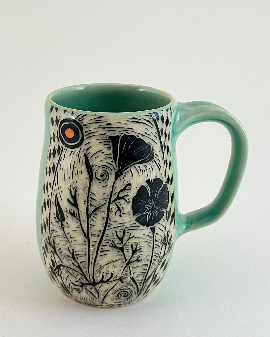 #29- Woodcut Poppy Mug - with Celadon