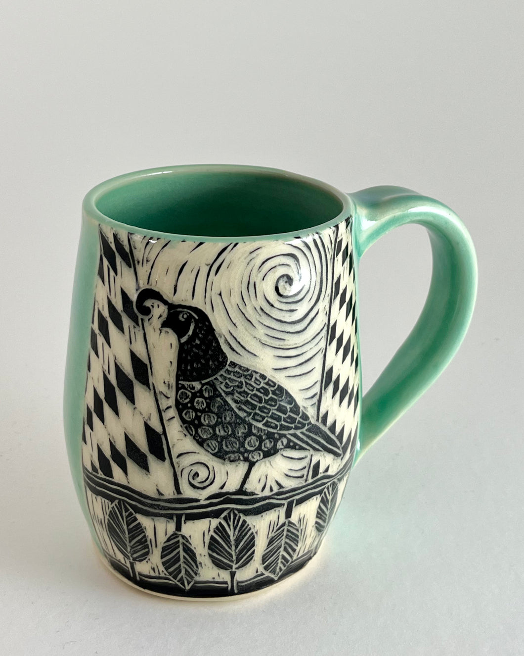 #30- Woodcut Quail Mug - with Celadon