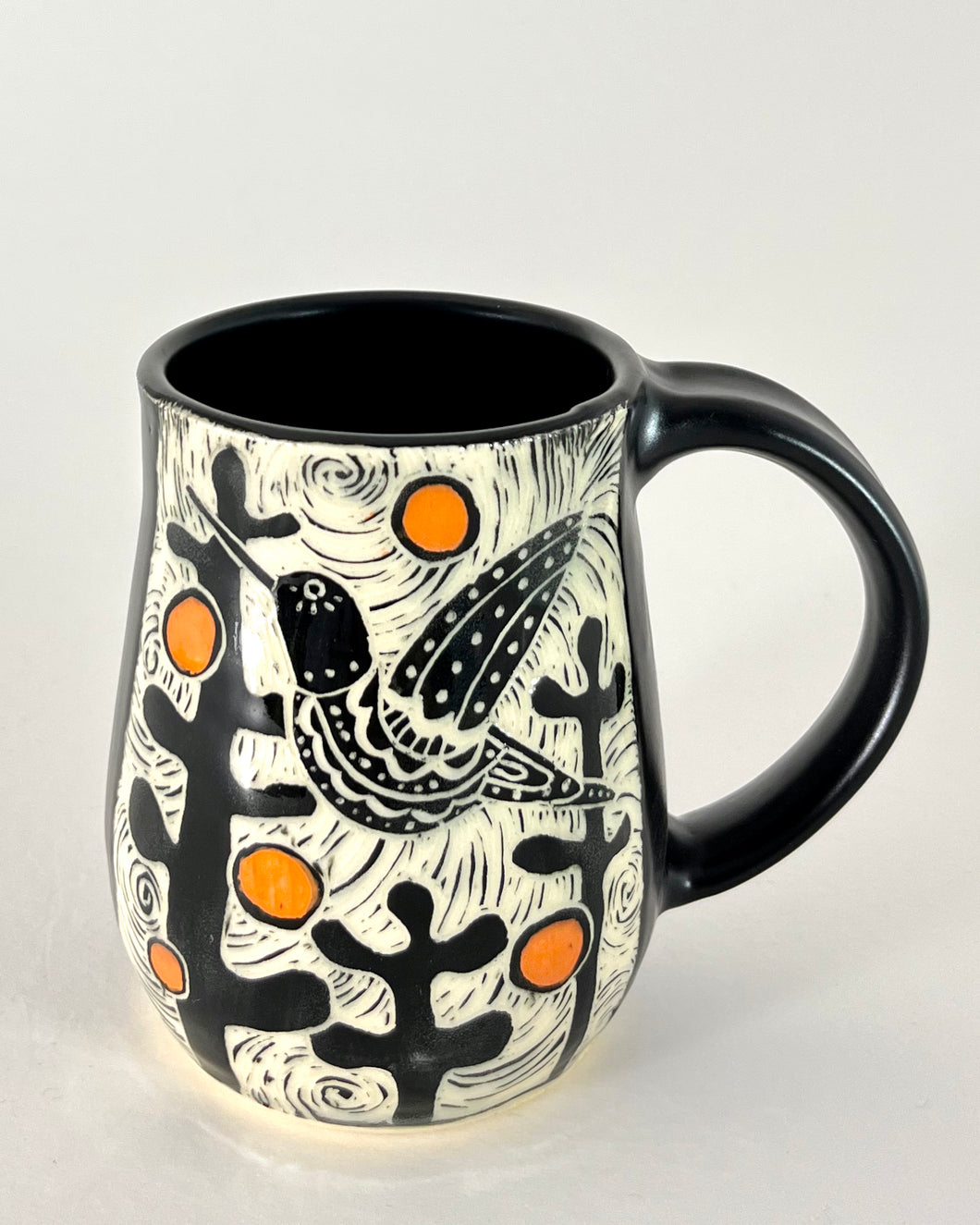 #34- Woodcut Mug - Hummingbird with Orange Dots