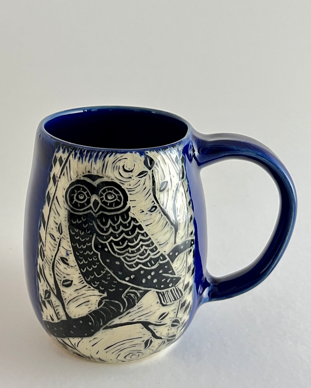 #36- Woodcut Owl Mug with Cobalt Blue Glaze