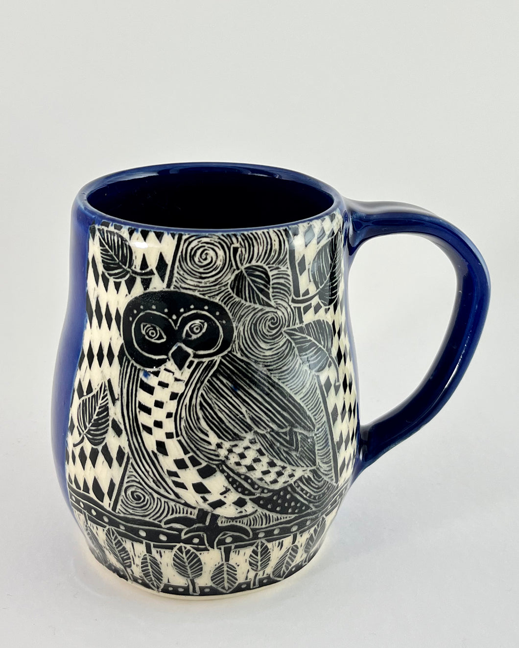 #38- Woodcut Owl with Cobalt Blue Glaze