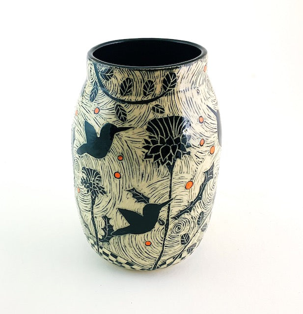 Vase - Hummingbird and Thistles with Orange Dots