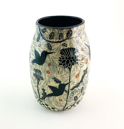 Vase - Hummingbird and Thistles with Orange Dots